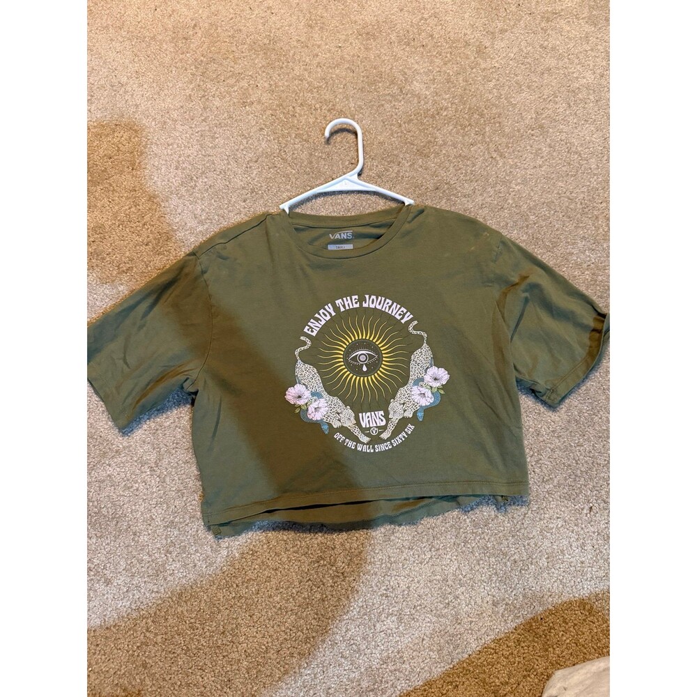 Womens Hunter Green Cropped Vans T-Shirt W/ Floral Decal Small